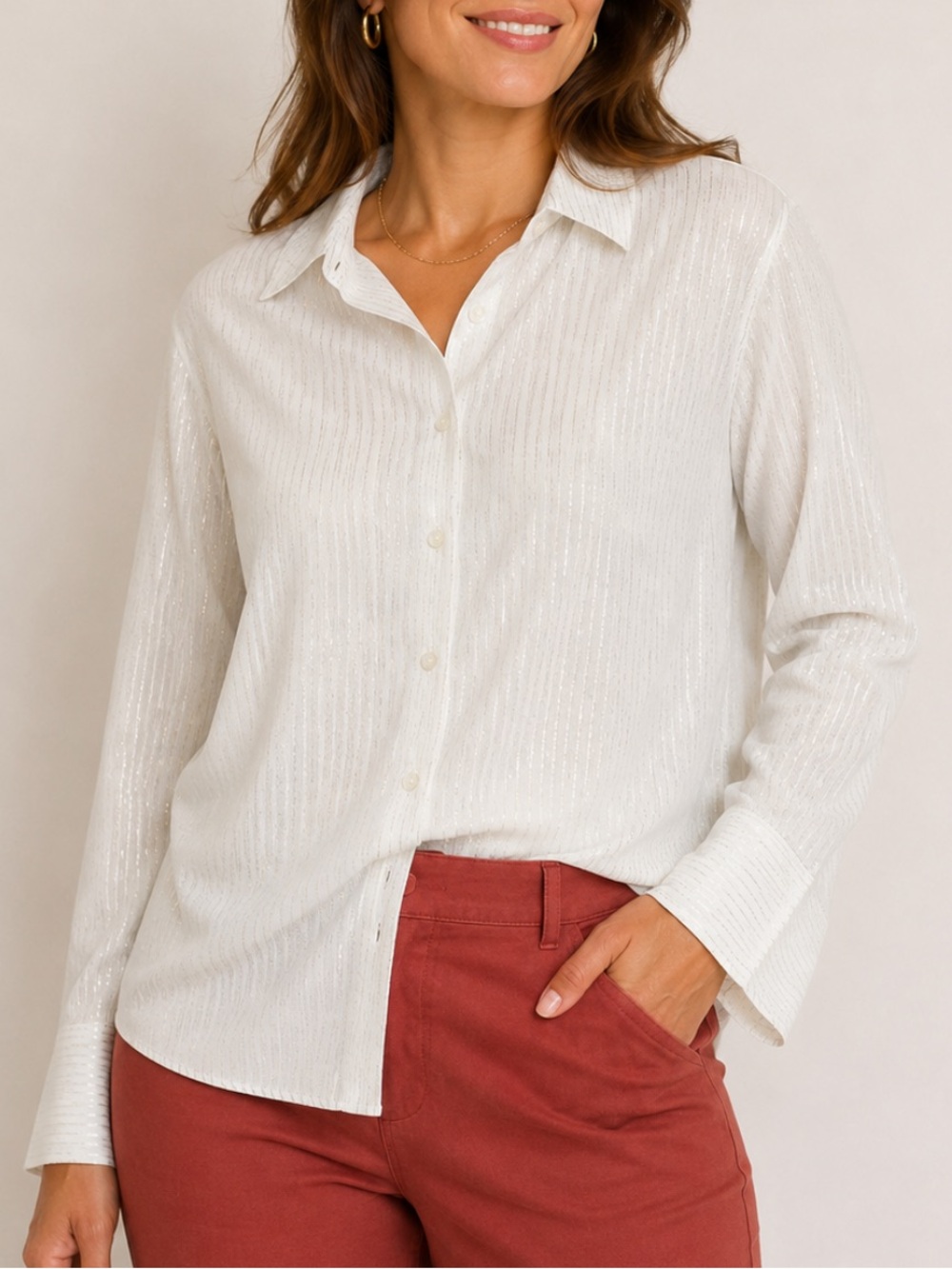 Zara White Oversized Button-Up Blouse with Gold Detailing